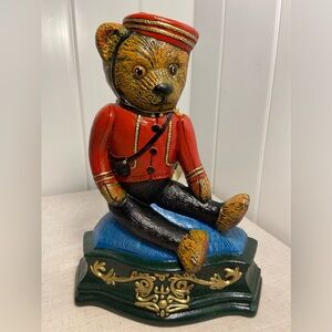 Vintage Cast Iron Door Stop Teddy Bear in Bell Hop outfit C S Wright Studios 90s